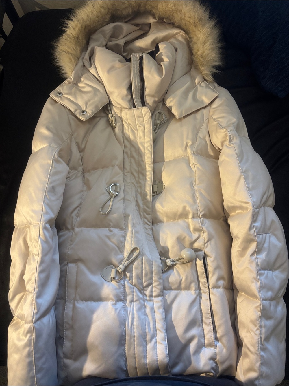 ZeroXposur Women's Light Cream Quilted Puffer Coat with Faux Fur Trim